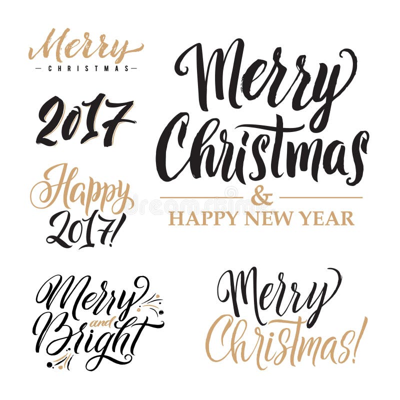 Merry Christmas AND Happy New Year Calligraphy Set. Greeting Card Design Set on White Background.