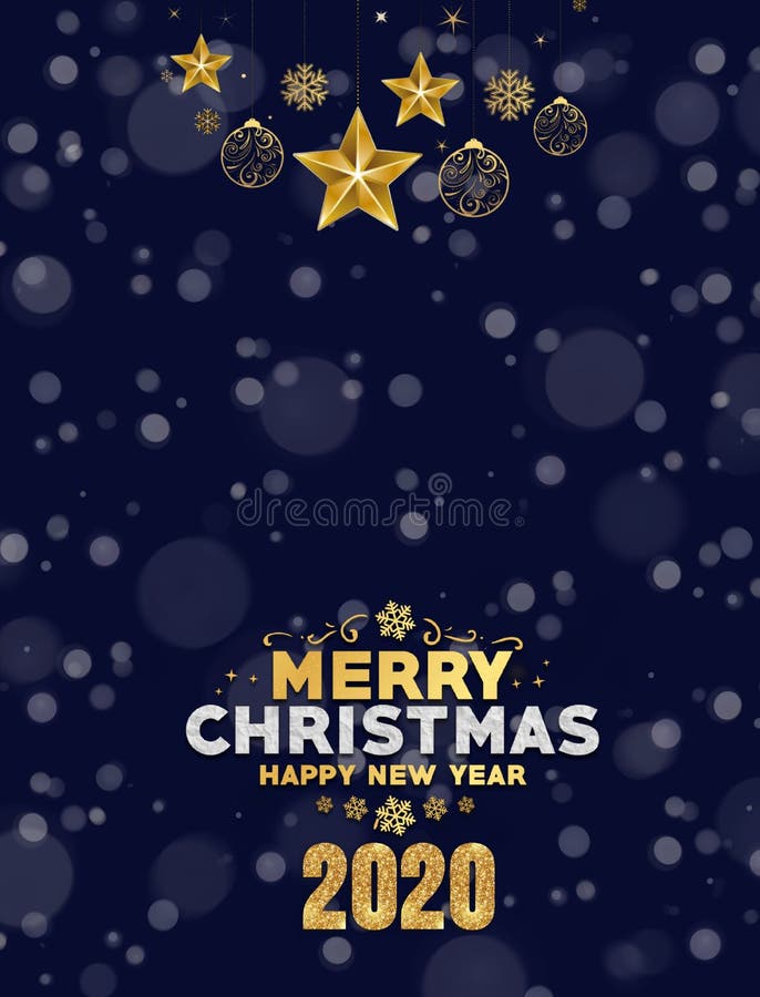 Merry Christmas and happy new year 2020 card with bokeh background in blue and golden royalty free stock image