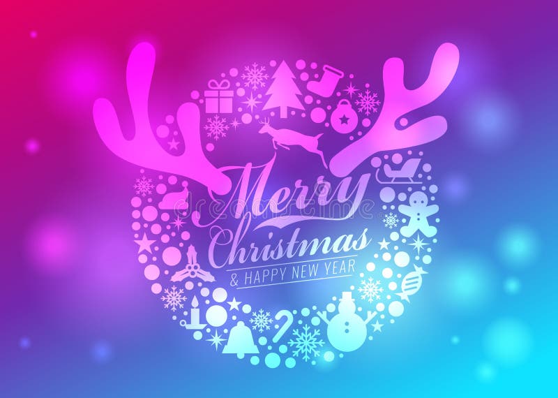 Crăciun fericit și felicitări pentru noul an al cartonașului de Crăciun și coarne de ren și reni care sar pe albastru violet vector illustration