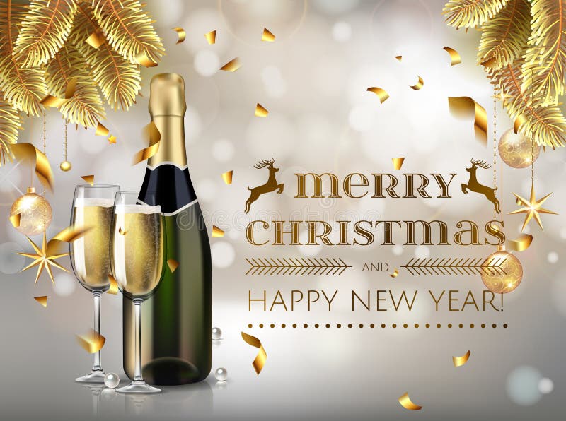 Merry Christmas and happy new year champagne bottle and glasses stock vector illustration in realistic style. Greeting