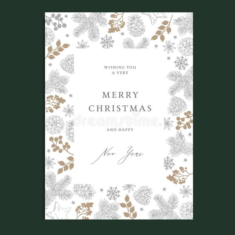 Merry Christmas, Happy New Year floral greeting card, winter nvitation. Holiday frame with fir tree branches, pine cones