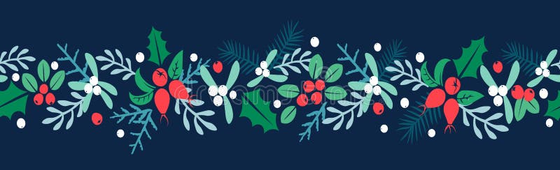 Merry Christmas And Happy New Year folk art background. Berries, sprigs and leaves stylish vector illustration on winter greeting card. Good for cards, posters and banner design