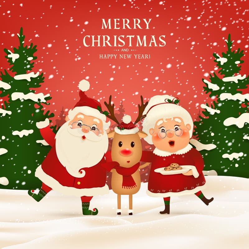 Merry Christmas. Happy new year. Funny Santa Claus with cute Mrs. Claus, red-nosed Reindeer in Christmas snow scene stock illustration