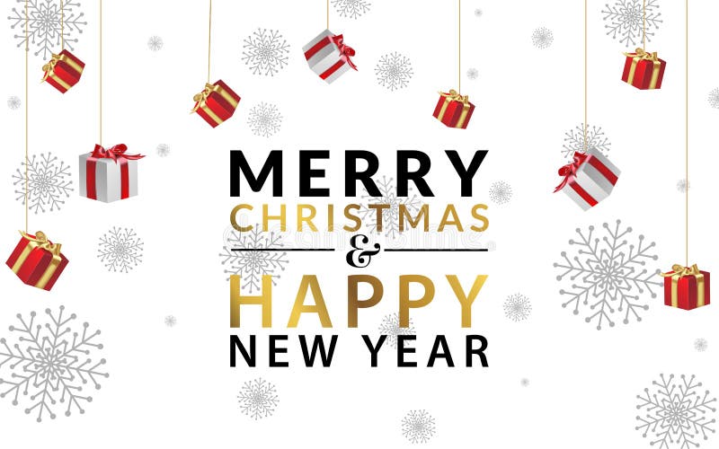 Merry Christmas and Happy New Year with a golden gradient. Around the text beautiful dark snowflakes. Hanging from above are white royalty free illustration Merry Christmas and Happy New Year with a golden gradient. Around the text beautiful dark snowflakes. Hanging from above are white royalty free illustration