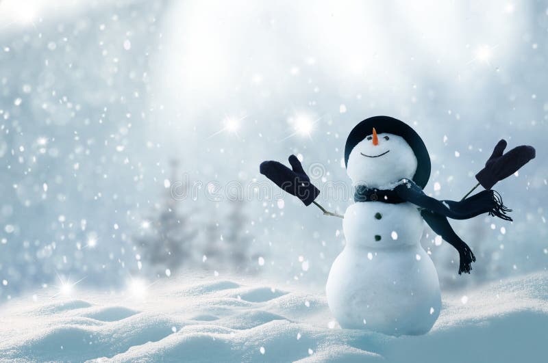 Merry christmas and happy new year greeting card with copy-space.Happy snowman standing in winter christmas royalty free stock photos