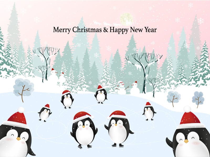 Merry Christmas and Happy New Year 2022 Greeting Card, Cute Cartoon Winter  Wonder Landscape with Penguins Celebrating in the Park Stock Vector -  Illustration of holiday, season: 219018629