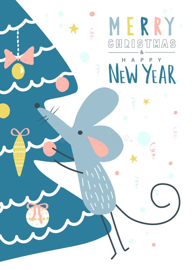 Merry Christmas and happy New year greeting card with cute mouse or rat.Concept, vector vertical editable template. The