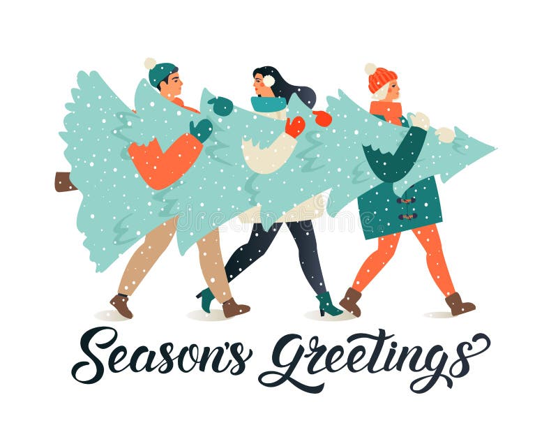 Merry Christmas and Happy New Year greeting card. People group carrying big xmas pine tree together for holiday season vector illustration Merry Christmas and Happy New Year greeting card. People group carrying big xmas pine tree together for holiday season vector illustration