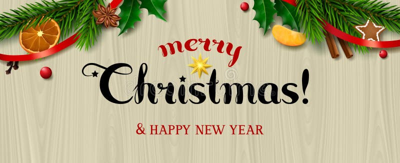 Merry Christmas and Happy New Year greeting card on wooden background. Text merry Christmas! & Happy New Year on wooden background with spruce branches, holly stock illustration Merry Christmas and Happy New Year greeting card on wooden background. Text merry Christmas! & Happy New Year on wooden background with spruce branches, holly stock illustration