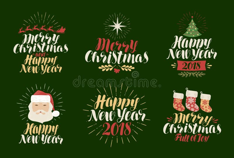 Merry Christmas, Happy New Year, label set. Xmas, yuletide, holiday icon or logo. Lettering, calligraphy vector stock illustration Merry Christmas, Happy New Year, label set. Xmas, yuletide, holiday icon or logo. Lettering, calligraphy vector stock illustration