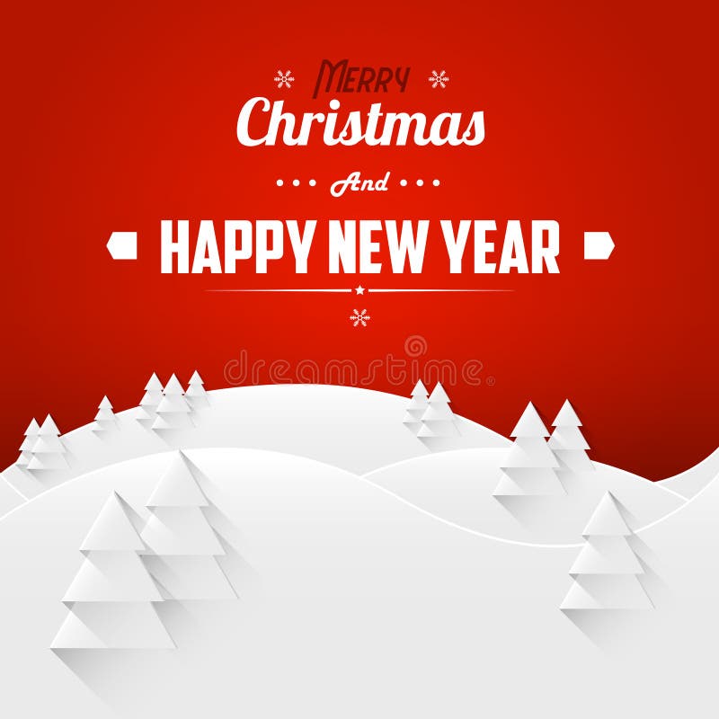 Merry Christmas and Happy New Year Landscape Greeting Card. Retro Font. vector illustration