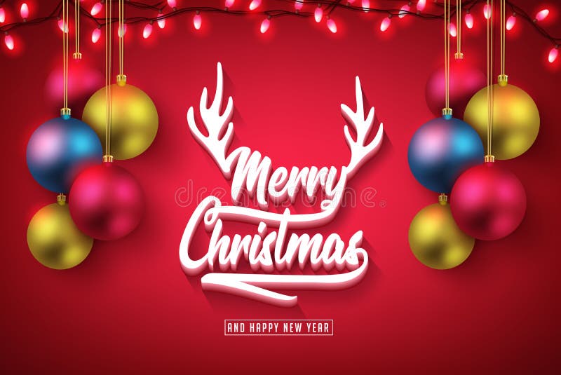 Merry Christmas and Happy New Year Message in Red Background with Realistic Gold and Red Christmas Balls