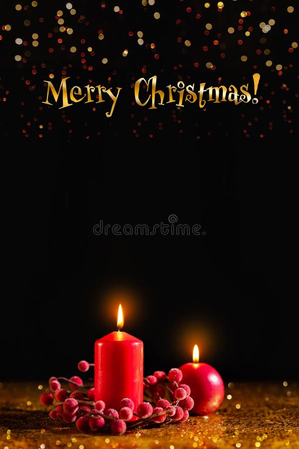 Merry Christmas and Happy New Year! Red candles on gold and black background