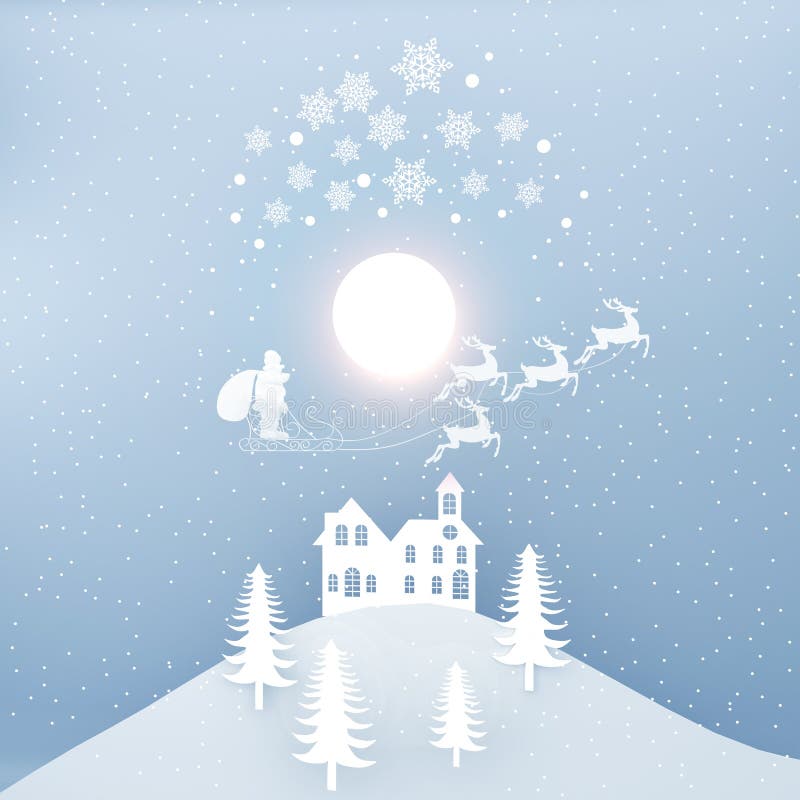 Merry Christmas and Happy New Year. Santa Claus on the sky coming to City. with winter landscape with snowflakes, light, stars. M