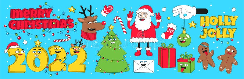 Merry Christmas and Happy New Year. Sticker Pack of Cartoon Characters and Elements in Trendy Weird Cartoon Style. Stock Vector - Illustration of xmas, young: 227420840 Merry Christmas and Happy New Year. Sticker Pack of Cartoon Characters and Elements in Trendy Weird Cartoon Style. Stock Vector - Illustration of xmas, young: 227420840