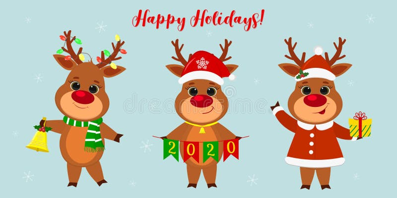 Merry Christmas and a Happy New Year 2020. Three Cute Reindeer in ...