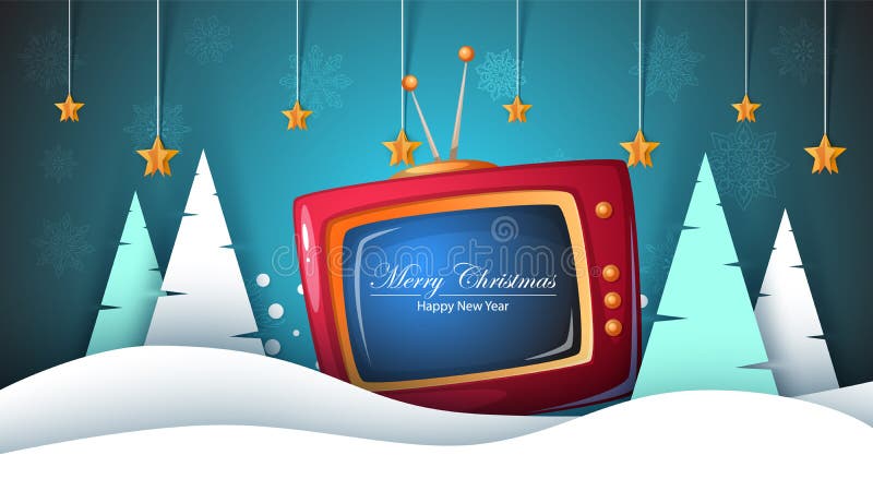 Merry christmas, happy new year. TV, fir, landscape, snow