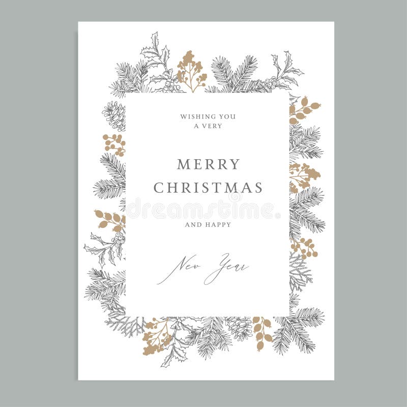 Merry Christmas, Happy New Year vintage floral greeting card, invitation. Holiday frame with evergreen fir tree branches vector illustration