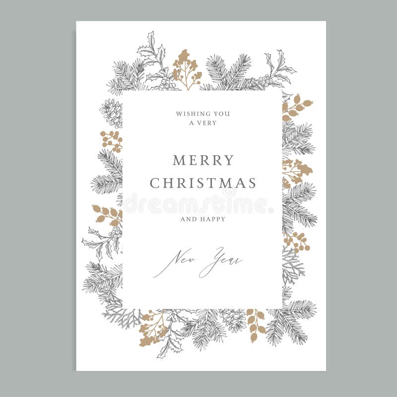 Merry Christmas, Happy New Year vintage floral greeting card, invitation. Holiday frame with evergreen fir tree branches