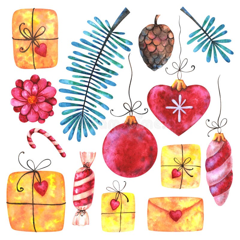Merry Christmas and Happy New Year watercolor set royalty free illustration Merry Christmas and Happy New Year watercolor set royalty free illustration