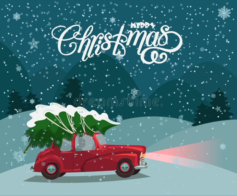 Merry Christmas illustration. Christmas landscape card design of retro red car with tree on the top. royalty free illustration Merry Christmas illustration. Christmas landscape card design of retro red car with tree on the top. royalty free illustration