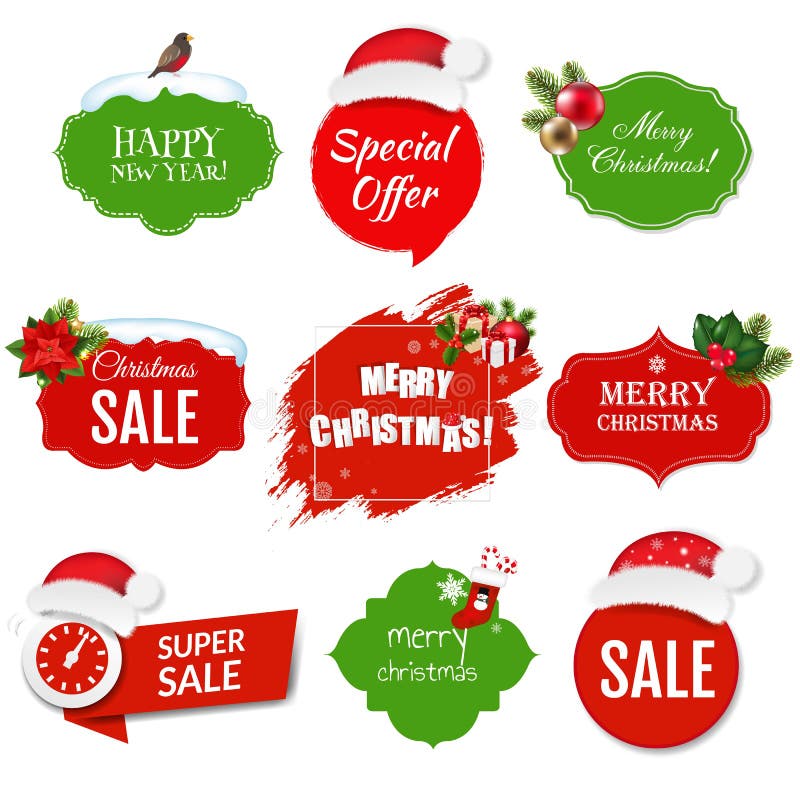 Merry Christmas Labels Set Isolated White Background Stock Vector