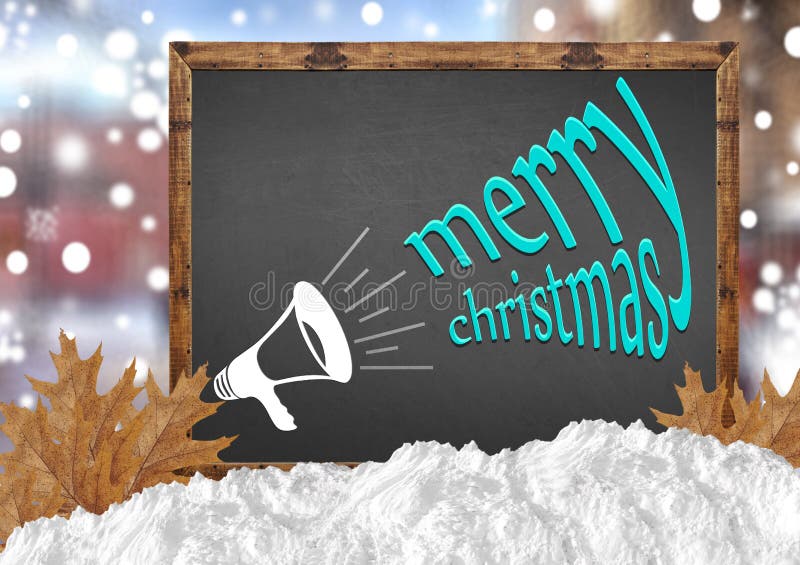 Merry Christmas and megaphone on blackboard with city leaves and snow