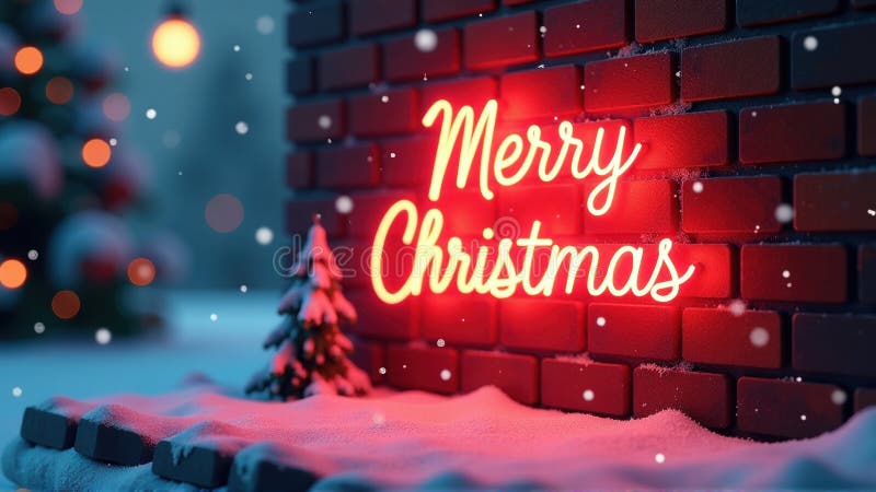 Merry Christmas Neon Sign on Brick Wall with Snow. stock illustration