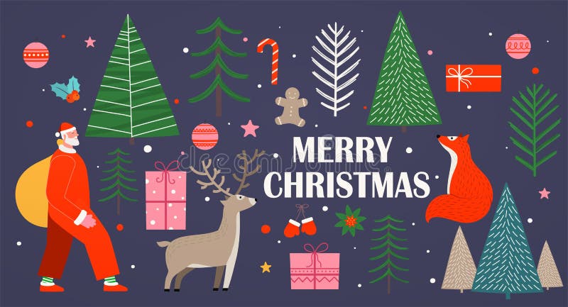 Merry Christmas and New Year background with festive objects Santa Claus, christmas trees, pine, deer, fox, gift boxes, red candy vector illustration