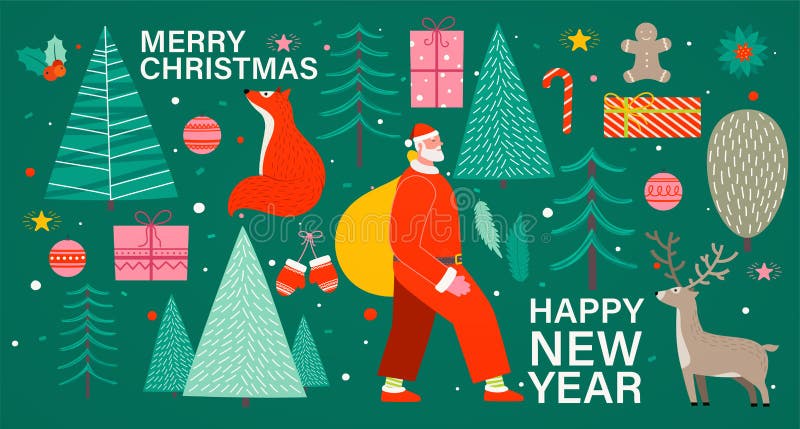 Merry Christmas and New Year background with festive objects Santa Claus, christmas trees, pine, deer, fox, gift boxes, red candy stock illustration