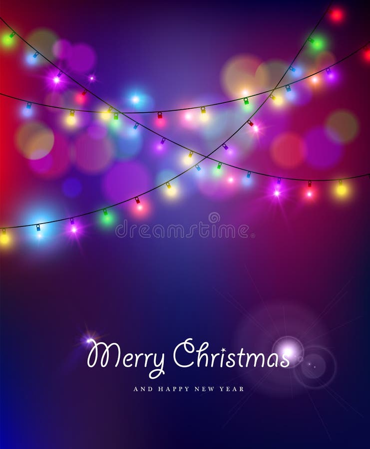 Merry christmas happy new year card design with festive xmas lights and colorful blur bokeh elements in the background. Ideal for holiday greetings, web, or poster. EPS10 vector. Lighting bokeh vectors