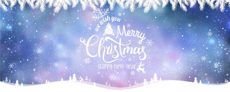Merry Christmas and New Year typographical on holidays background with winter landscape with snowflakes, light, stars. stock illustration
