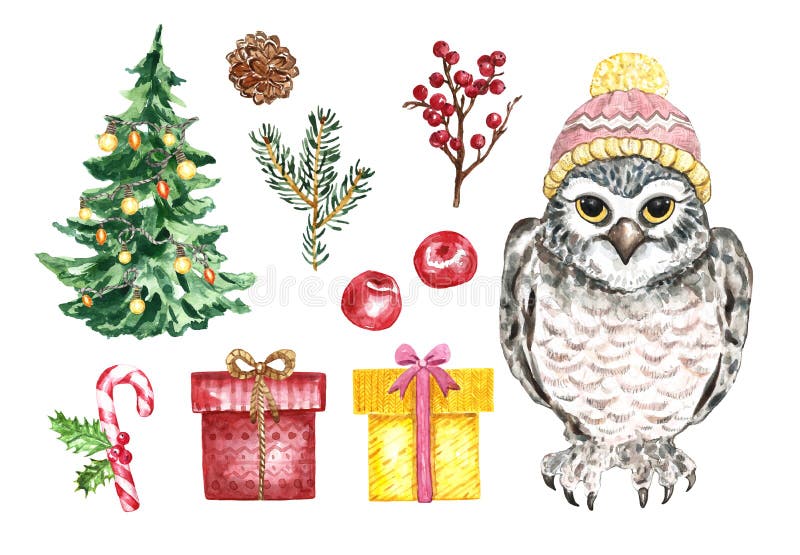 Merry Christmas and New Years watercolor illustration,Hand drawn cute owl in winter hat, gift boxes, fir tree with garland