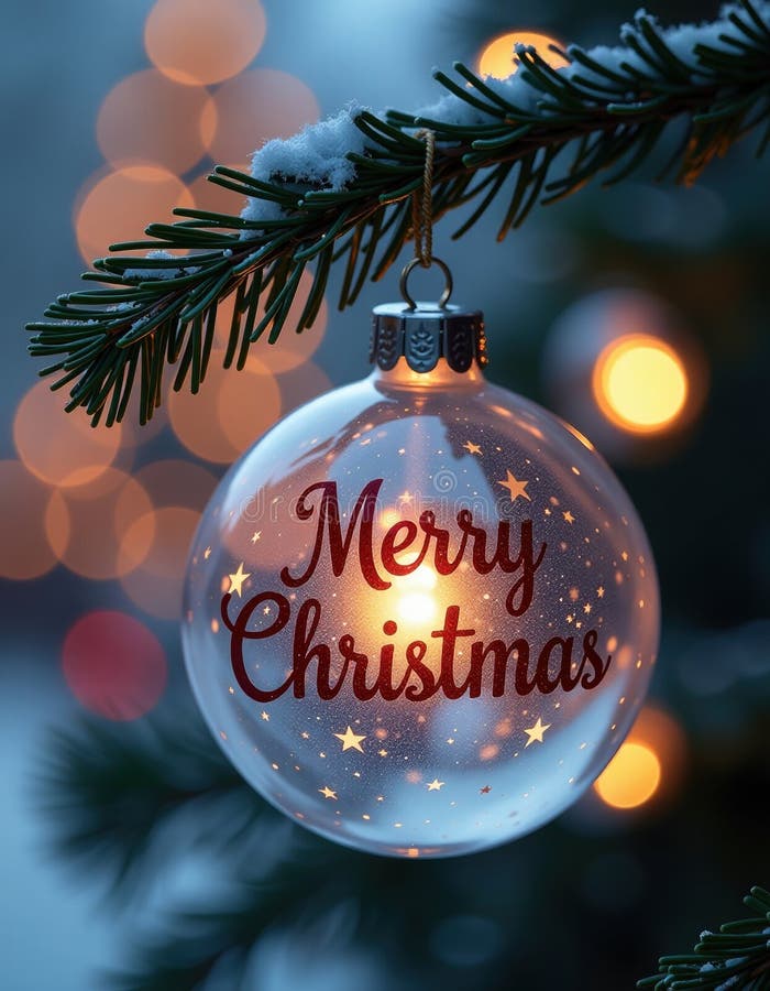 Merry Christmas Ornament on Snowy Pine Branch. stock illustration