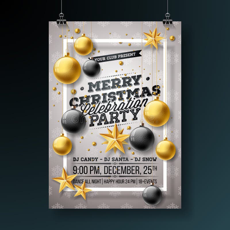 Merry Christmas Party Flyer Design with Holiday Typography Elements and Ornamental Balls, Cutout Paper Star, Pine Branch