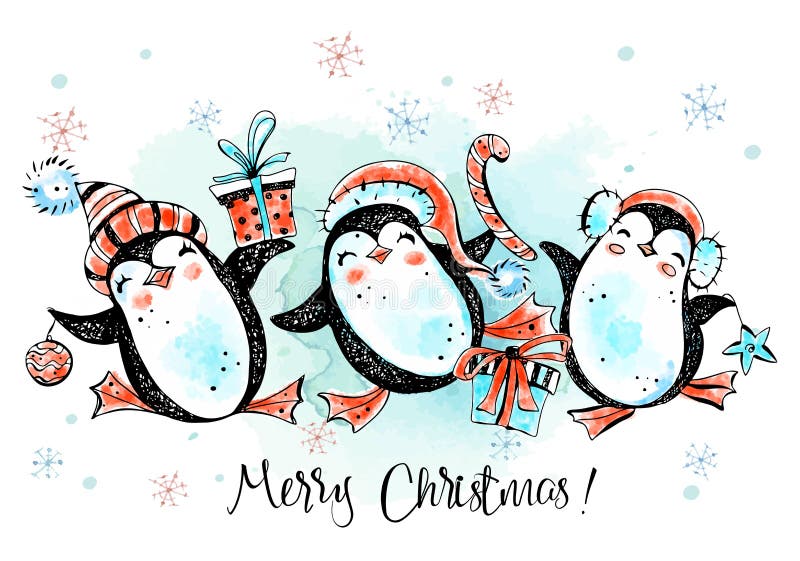 Merry Christmas penguins are dancing. New Year's card. Watercolor graphics. Vector.