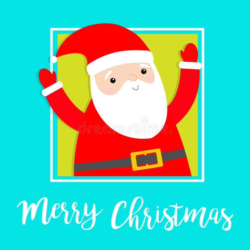 Merry Christmas. Santa Claus in the corner hands up. Costume, red hat, golden belt, beard. Cute cartoon kawaii funny baby