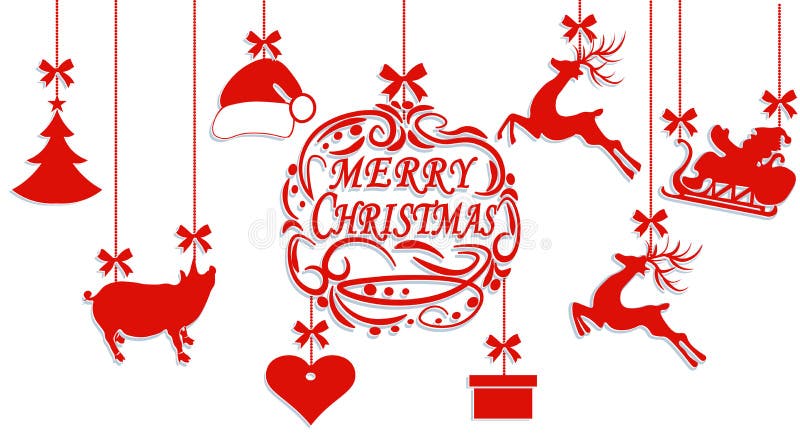 Merry Christmas. Santa Claus hat, deer, heart, gift, Pig and Christmas tree. Cut out of paper. illustration royalty free illustration Merry Christmas. Santa Claus hat, deer, heart, gift, Pig and Christmas tree. Cut out of paper. illustration royalty free illustration