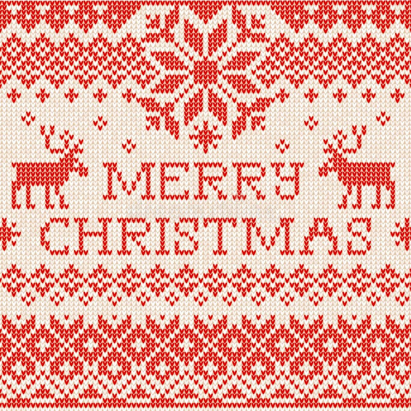 Vector illustration Merry Christmas: Scandinavian or russian style knitted embroidery pattern with borders and deers. White, red colors. Flat style