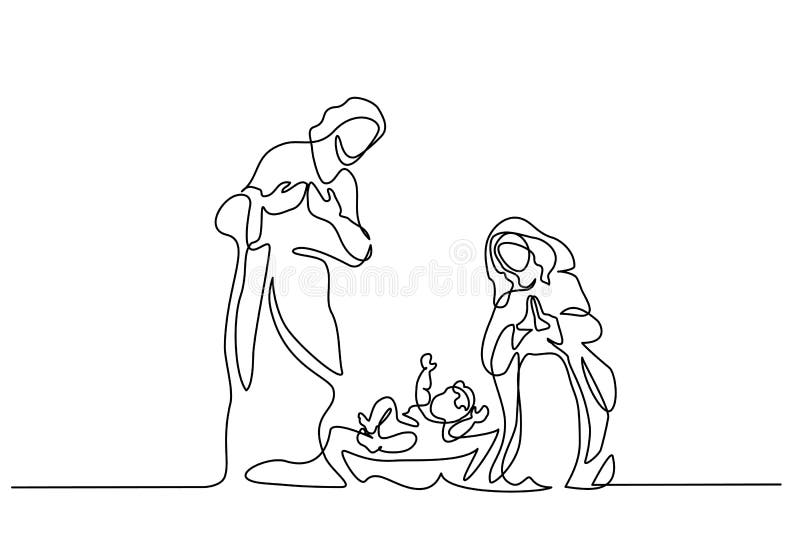 Continuous one line drawing. Bible Merry christmas scene of holy family. Vector illustration