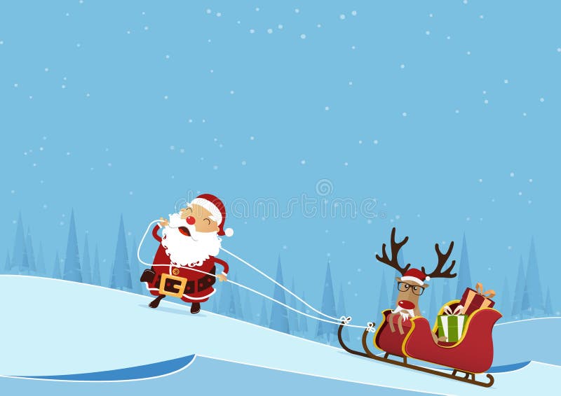 Merry Christmas scene with Santa Claus pulling Santa Claus`s sleigh and reindeer on pine forest winter landscape background.