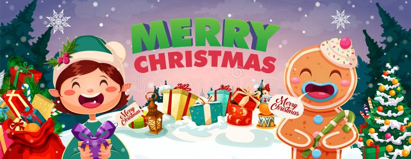 Merry Christmas text with child and cookies greeting merry Christmas snow pine tress white Chritsmas