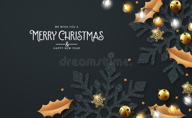 Merry christmas text vector design. Christmas snowflakes and xmas lights ornament for greeting card decoration in black background