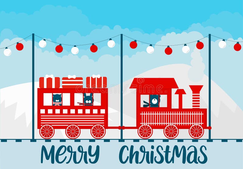 Merry christmas-tåg med söta djur. vinterlandskap med vinterkullerlandskap. vektorillustration. royaltyfri illustrationer