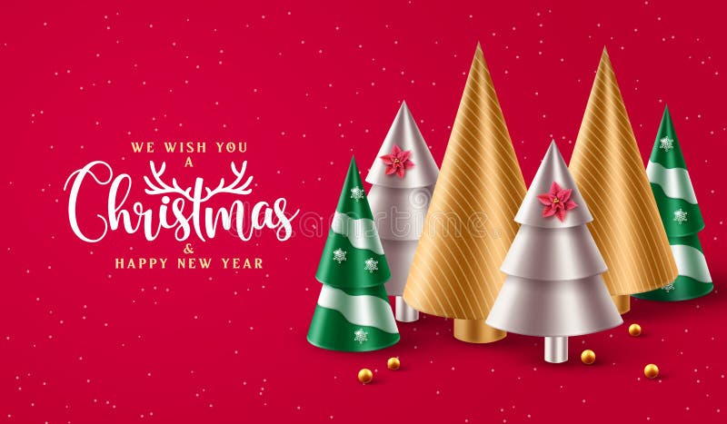 Merry christmas vector background design. Christmas and happy new year greeting text with xmas tree, snowflakes