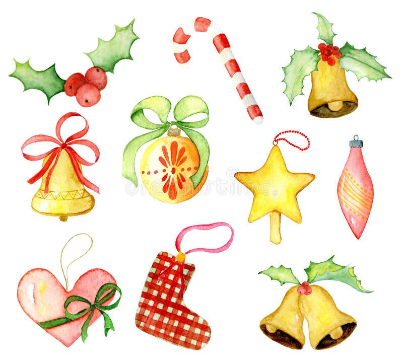 Merry Christmas watercolor decor winter elements. Happy New Year card, posters. gifts and toys vector illustration