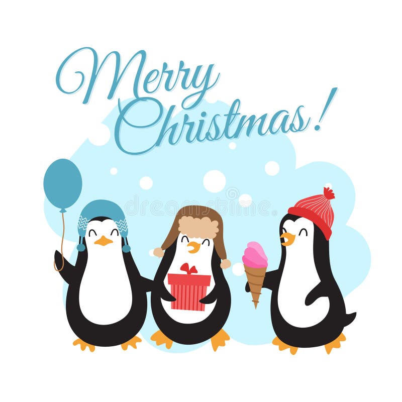 Merry Christmas winter holidays vector with cartoon penguins stock illustration Merry Christmas winter holidays vector with cartoon penguins stock illustration