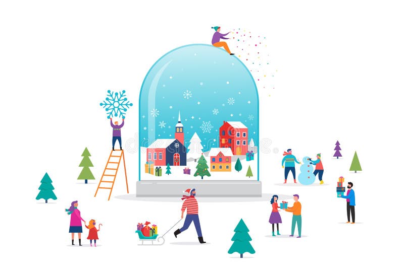 Merry Christmas, Winter wonderland scene in a snow globe with small people, young men and women, families having fun in