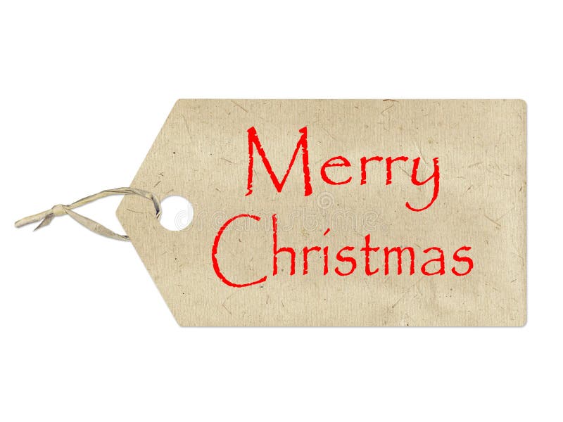 Merry Christmas written on a brown paper label on white