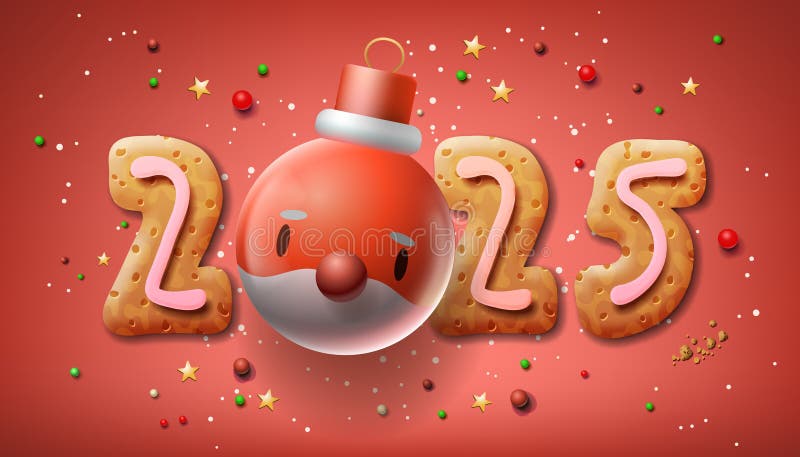 Merry christmas 2025 номер дизайн сделан с пряничным печеньем и santa face xmas мяч. векторная иллюстрация иллюстрация штока